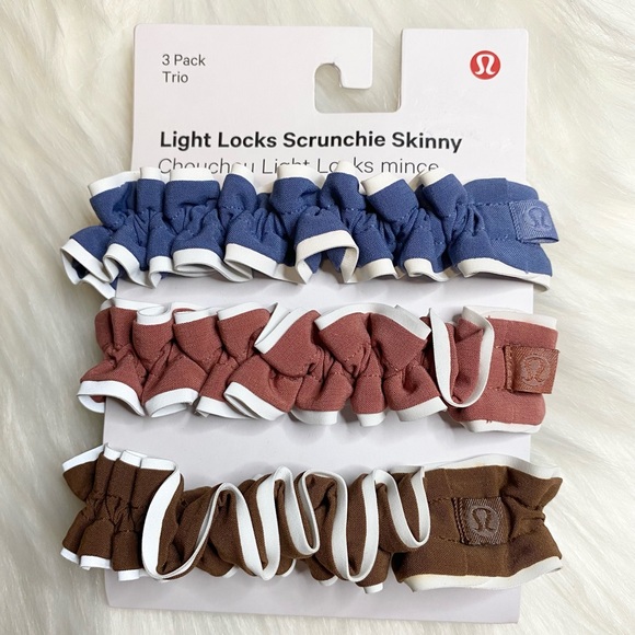 lululemon athletica Accessories - NWT Lululemon Light Locks Scrunchie Skinny 3 Pack Blue Pink Brown WTDR BRRO RTDB